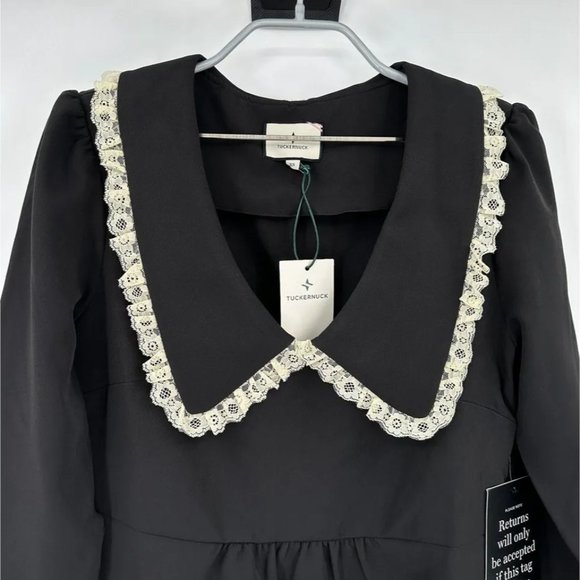Tuckernuck Black Saxby Dress sz XS NWT Lace Trim Pilgrim Collar Mini Length - Picture 2 of 8